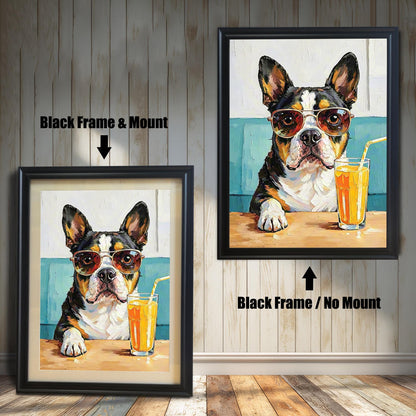 Comparison of two framed prints: a black frame with a mount (mat) on the left, and a black frame with no mount on the right. Both show the dog painting.