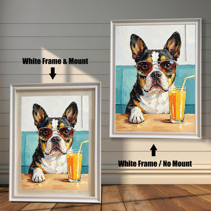 Comparison of two framed prints: a white frame with a white mount (mat) on the left, and a white frame with no mount on the right. Both show the dog painting.