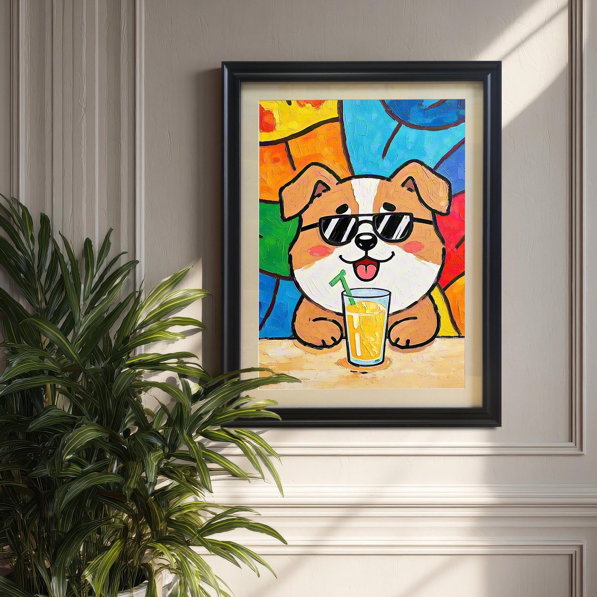 A colorful framed art print of a dog in sunglasses drinking a yellow beverage, hanging on a textured wall next to a large potted plant.
