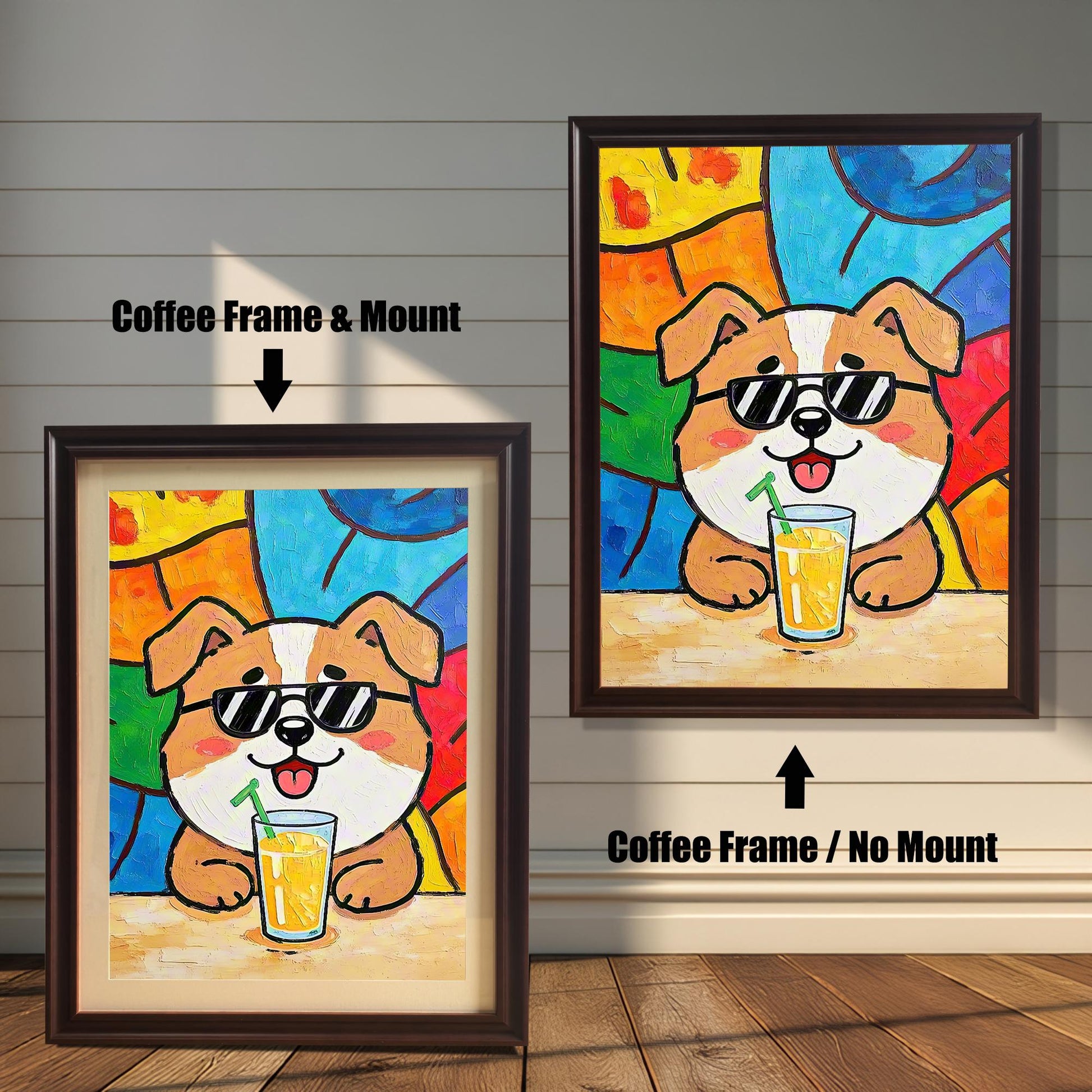 Comparison of the dog art print in a coffee-colored frame with a mount (left) and a coffee-colored frame with no mount (right).