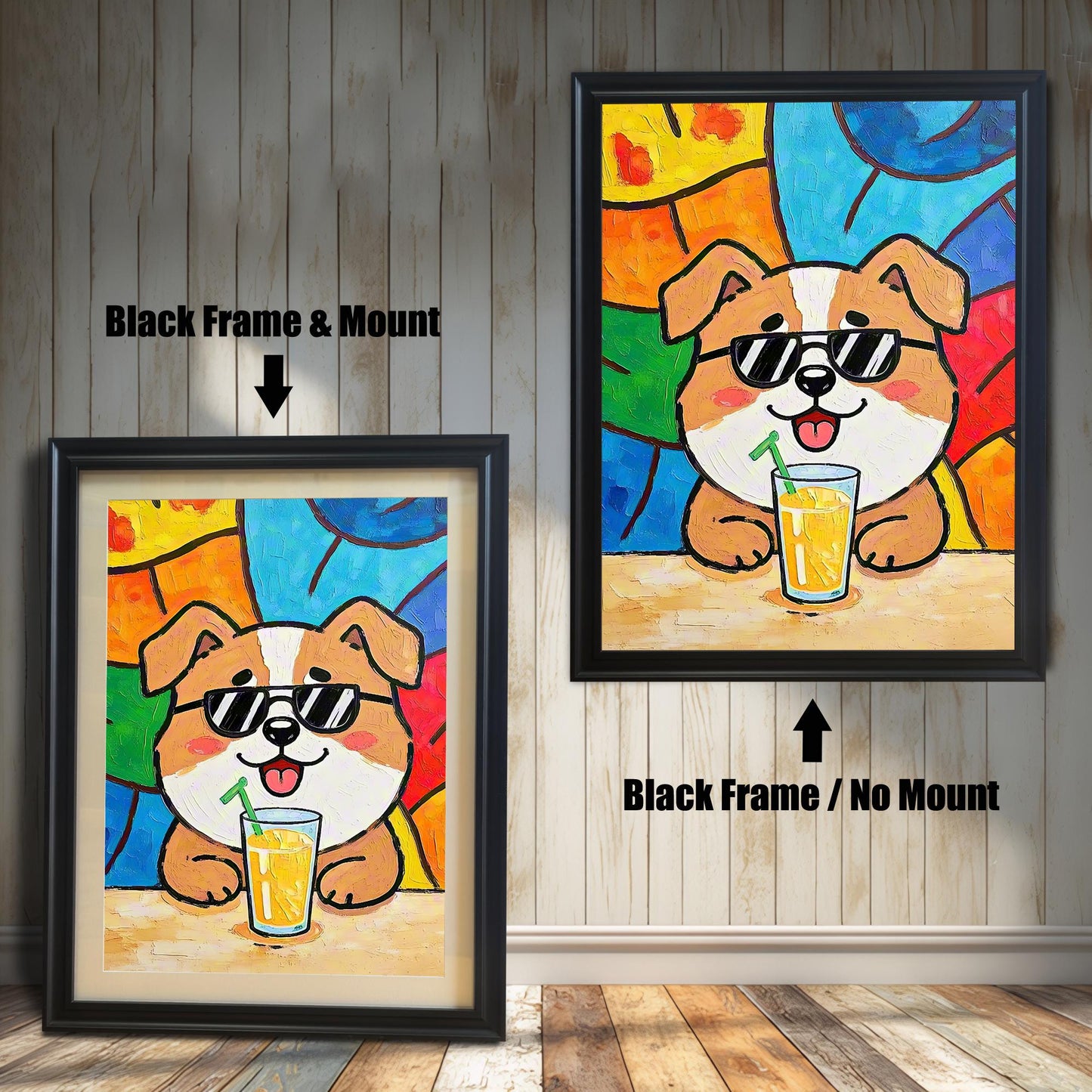 Comparison of the dog art print in a black frame with a mount (left) and a black frame with no mount (right).