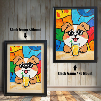Comparison of the dog art print in a black frame with a mount (left) and a black frame with no mount (right).