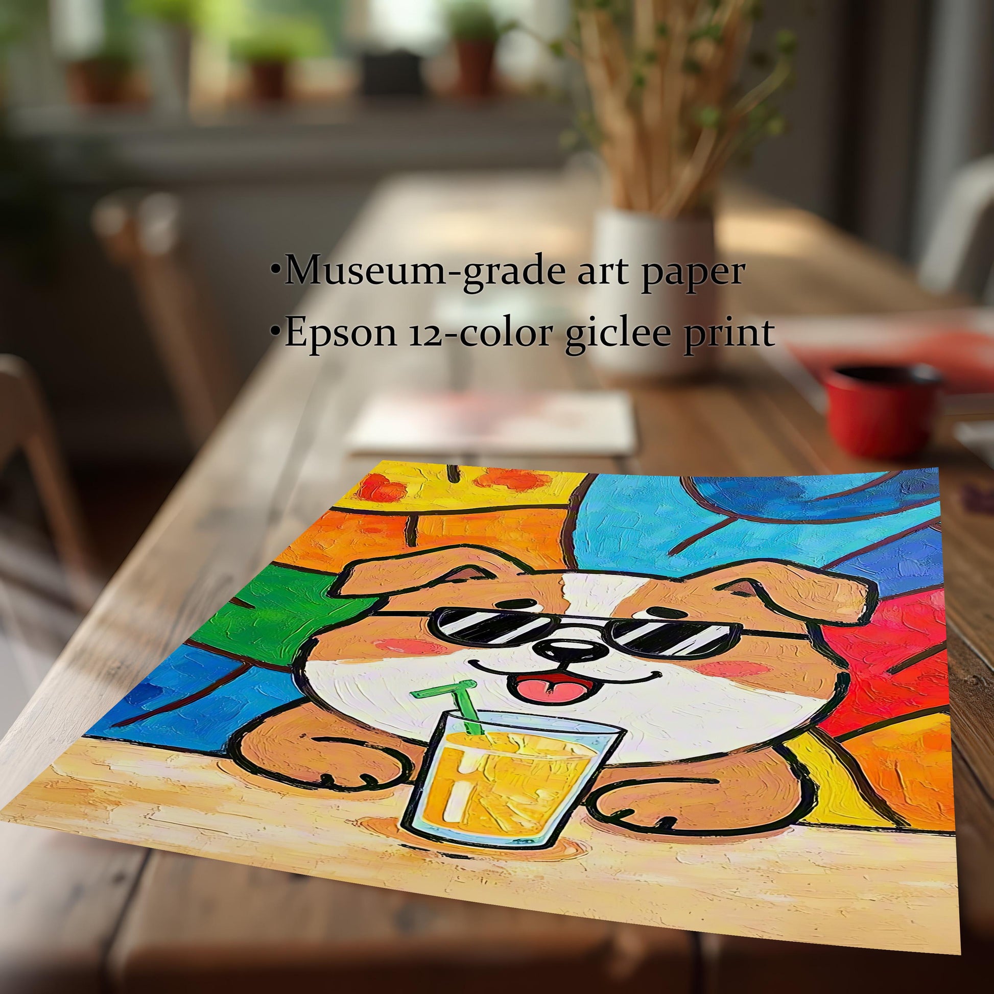 Close-up of the dog art print on a wooden table, highlighting the texture and colors of the print on museum-grade art paper.
