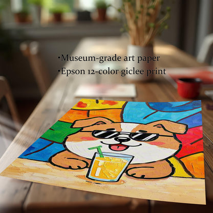 Close-up of the dog art print on a wooden table, highlighting the texture and colors of the print on museum-grade art paper.