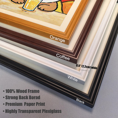 Close-up of four frame corner samples: Orange, Coffee, White, and Black, noting they are 0.9" (2.2cm) wide wood frames.