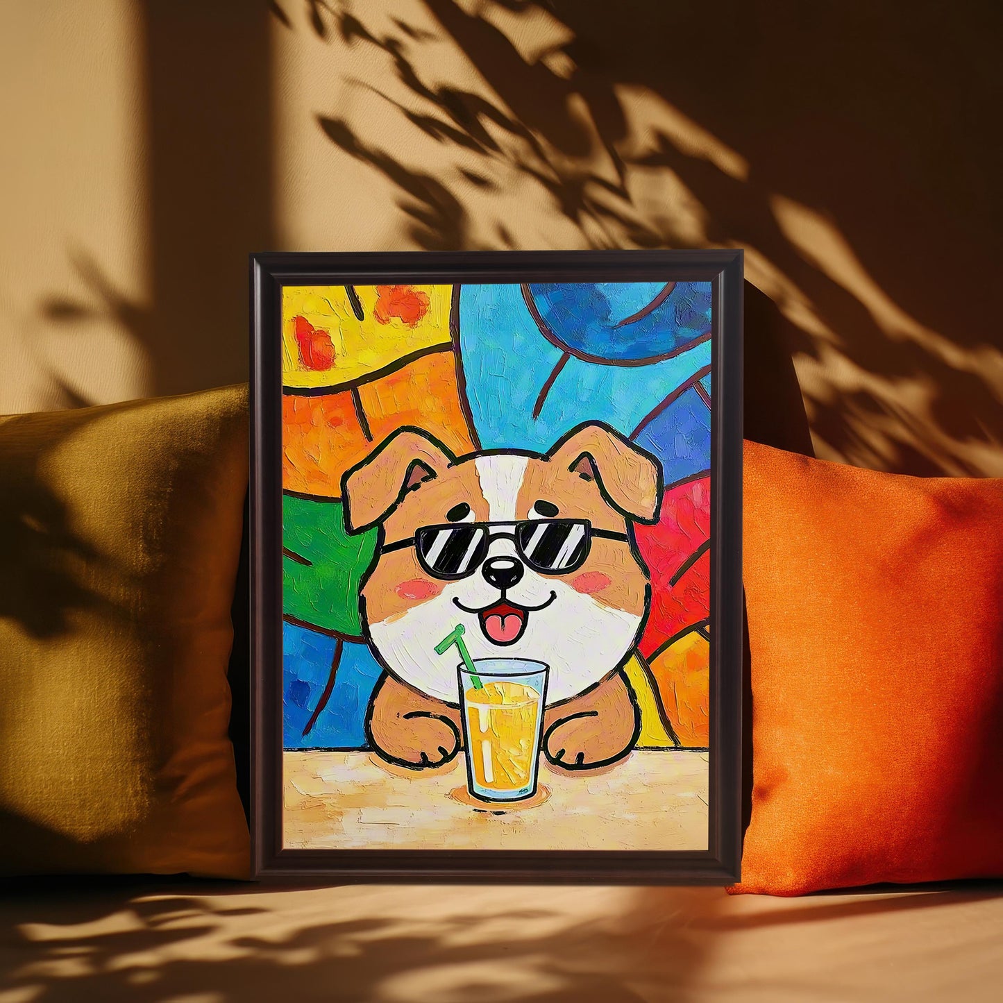 The framed dog art print sitting on a surface between a yellow and an orange pillow, with a shadow of leaves cast over the background.