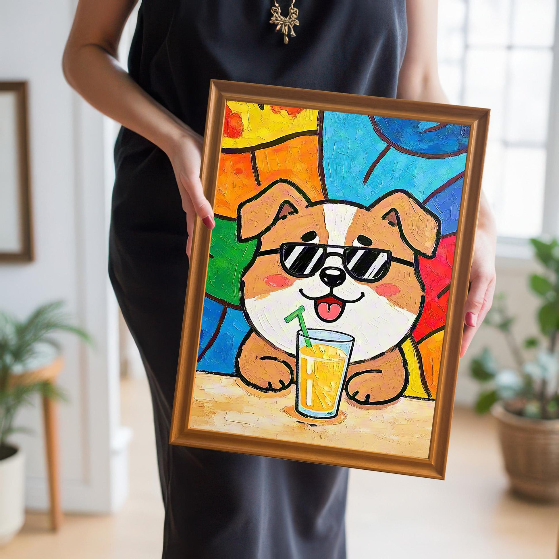 A person in a black dress holding the framed dog art print with a gold-colored frame, showing the colorful artwork close-up.