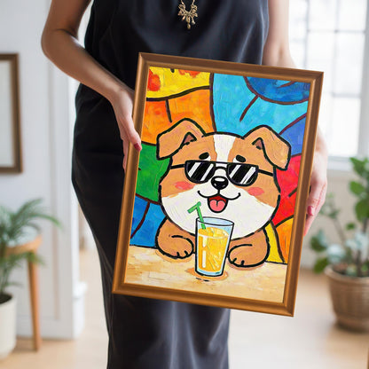 A person in a black dress holding the framed dog art print with a gold-colored frame, showing the colorful artwork close-up.