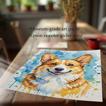 Close-up of a watercolor corgi art print lying on a wooden table, with text: "Museum-grade art paper" and "Epson 12-color giclee print.