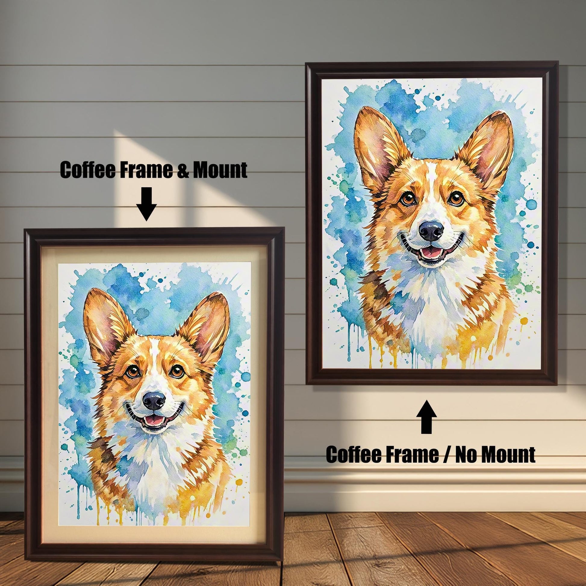 Watercolor corgi art in two frames: "Coffee Frame & Mount" (smaller, with mat) and "Coffee Frame / No Mount" (larger, no mat), against a white paneled wall.