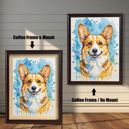 Watercolor corgi art in two frames: "Coffee Frame & Mount" (smaller, with mat) and "Coffee Frame / No Mount" (larger, no mat), against a white paneled wall.