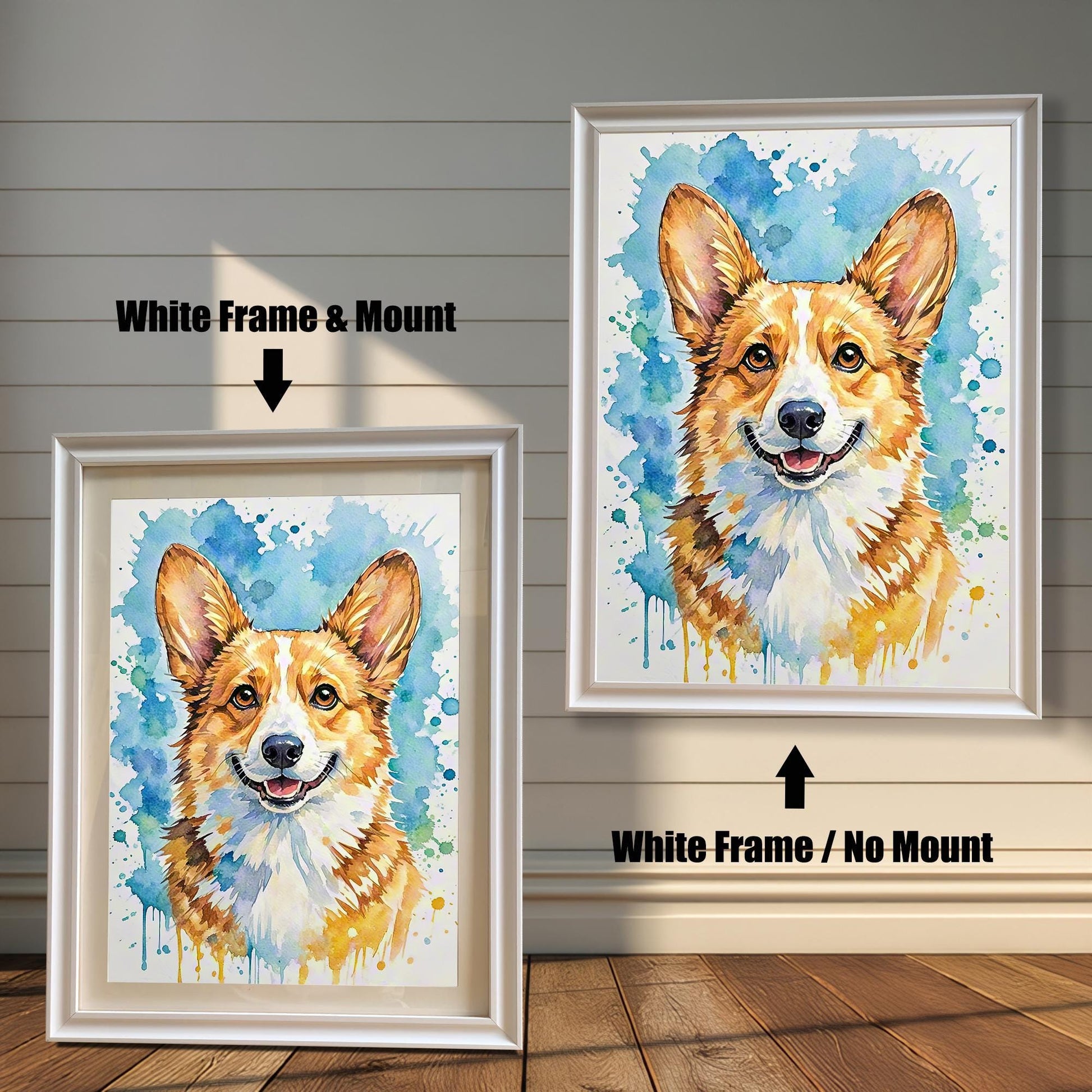 Wall Art Size Guide showing watercolor corgi print in eight different sizes, from 8.3x11.7 in to 20x28 in, displayed above a long white couch.