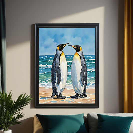 Black-framed watercolor print of two penguins on a beach, hanging above a bed with teal pillows in a cozy bedroom.