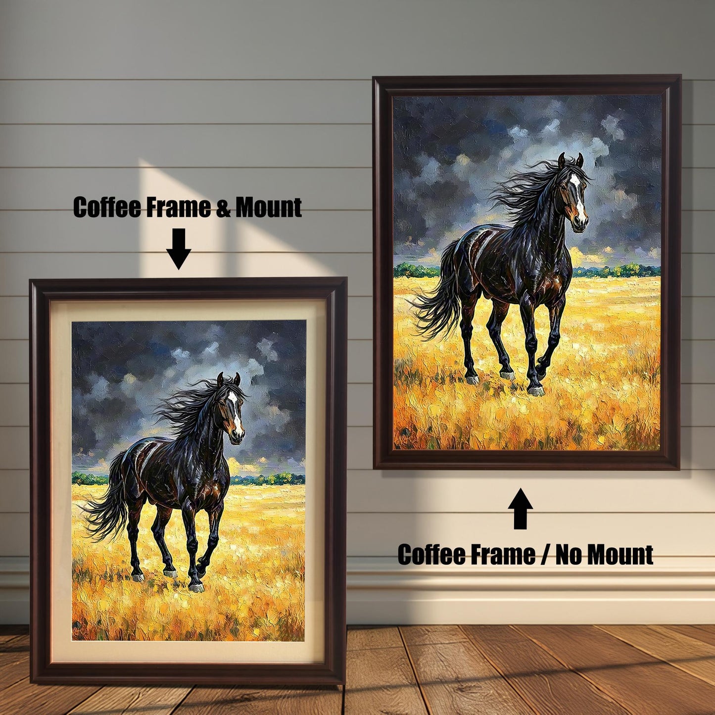 Oil painting of a black horse in a golden field, shown in two coffee-brown frames: one with a mat and one without.