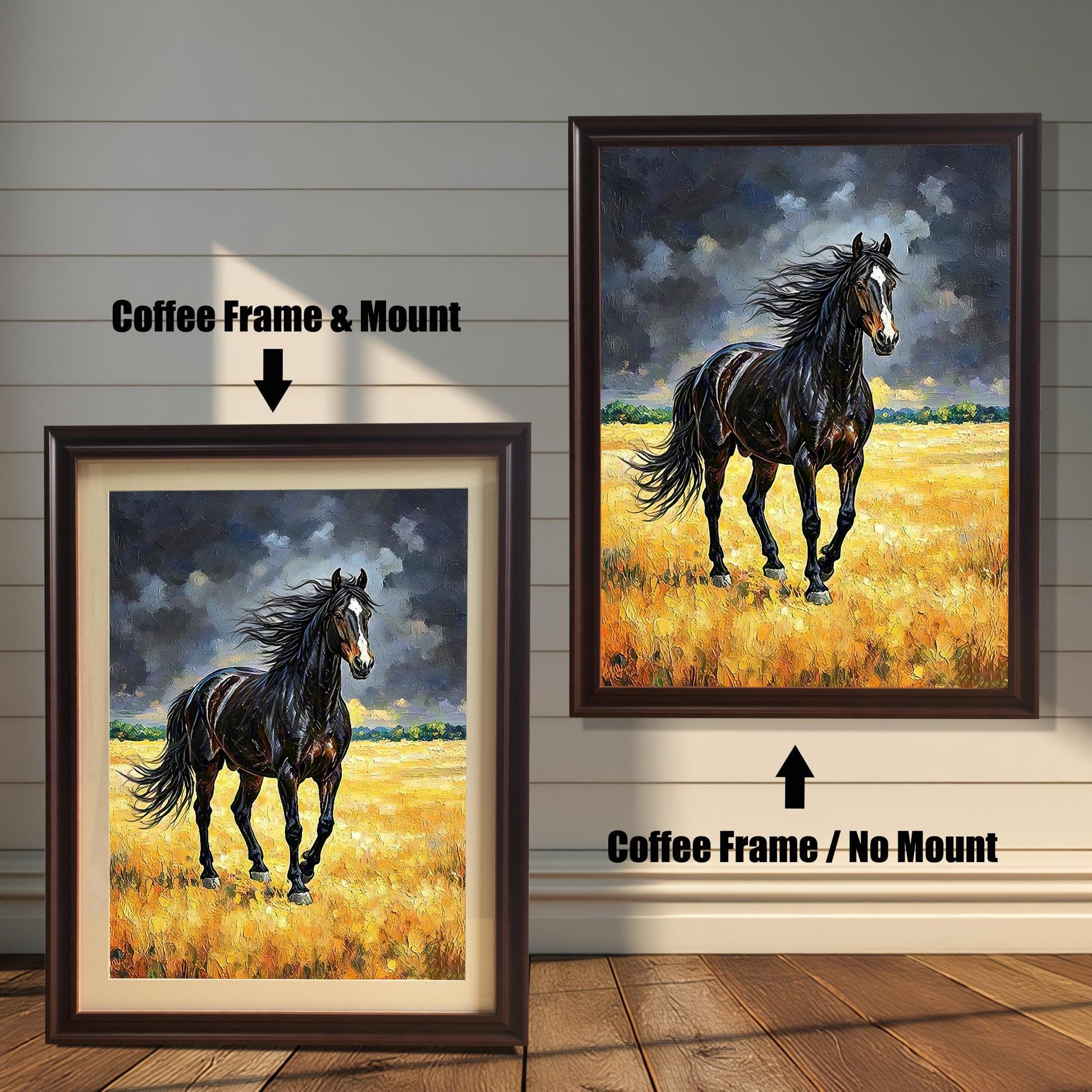 Oil painting of a black horse in a golden field, shown in two coffee-brown frames: one with a mat and one without.