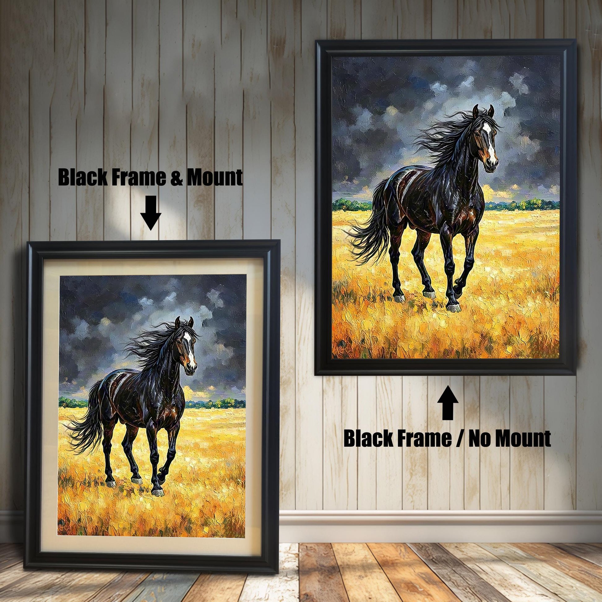 Black-framed oil painting of a black horse in a golden field, hanging above a bed with teal pillows in a dimly lit room.