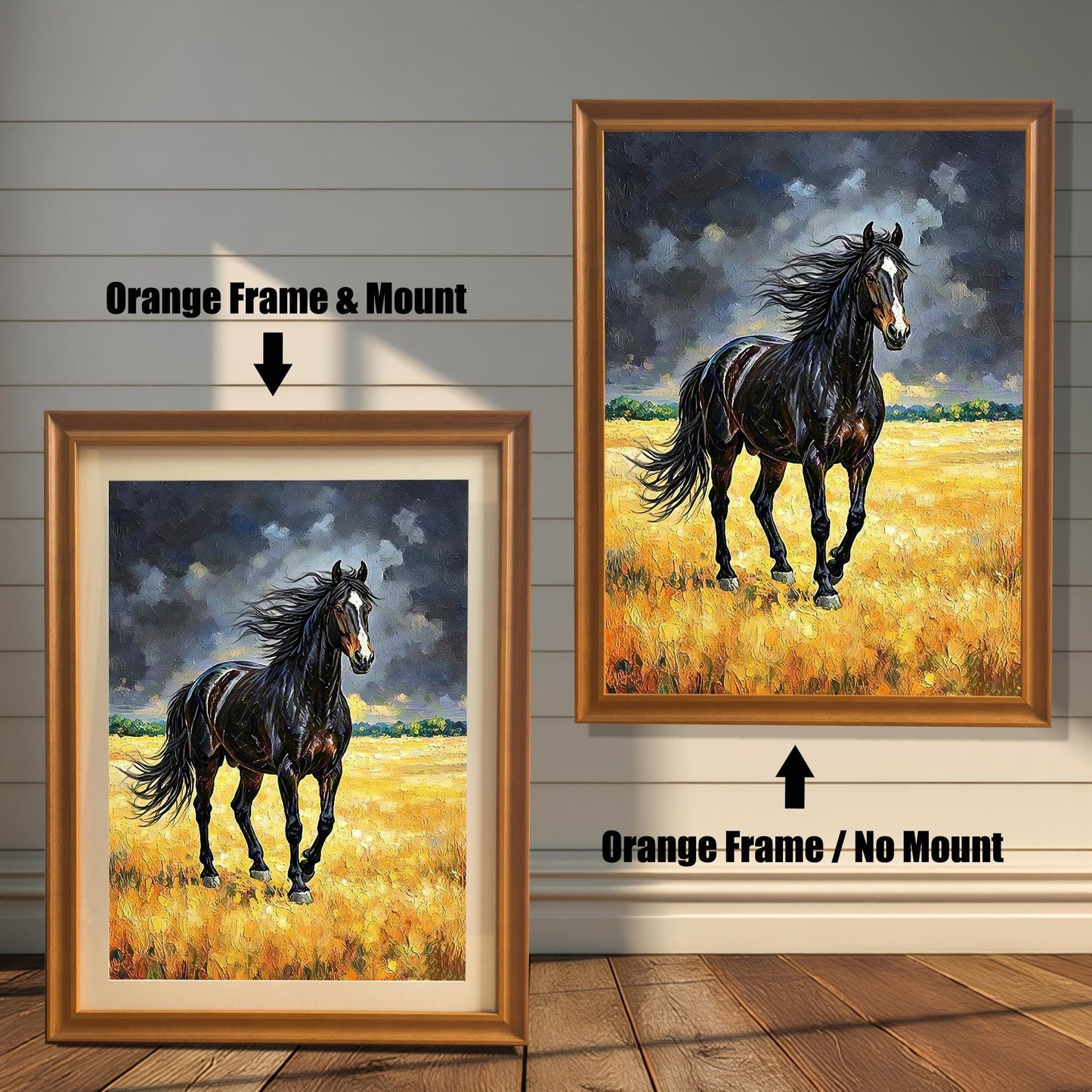 Oil painting of a black horse in a golden field, shown in two orange frames: "Orange Frame & Mount" and "Orange Frame / No Mount."