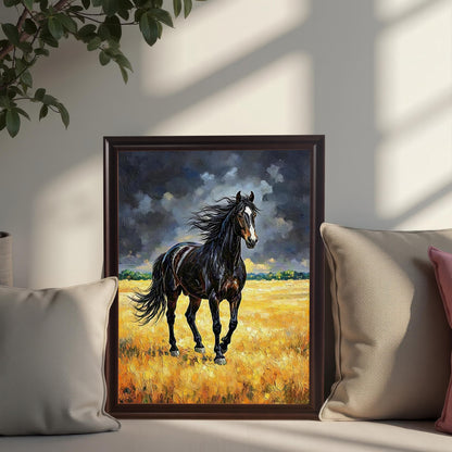 Dark-framed oil painting of a black horse in a golden field, propped on a seat between beige and pink decorative pillows.