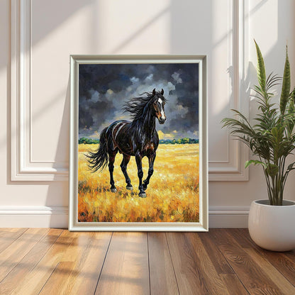 White-framed oil painting of a black horse in a golden field, leaning against a white paneled wall next to a potted snake plant.