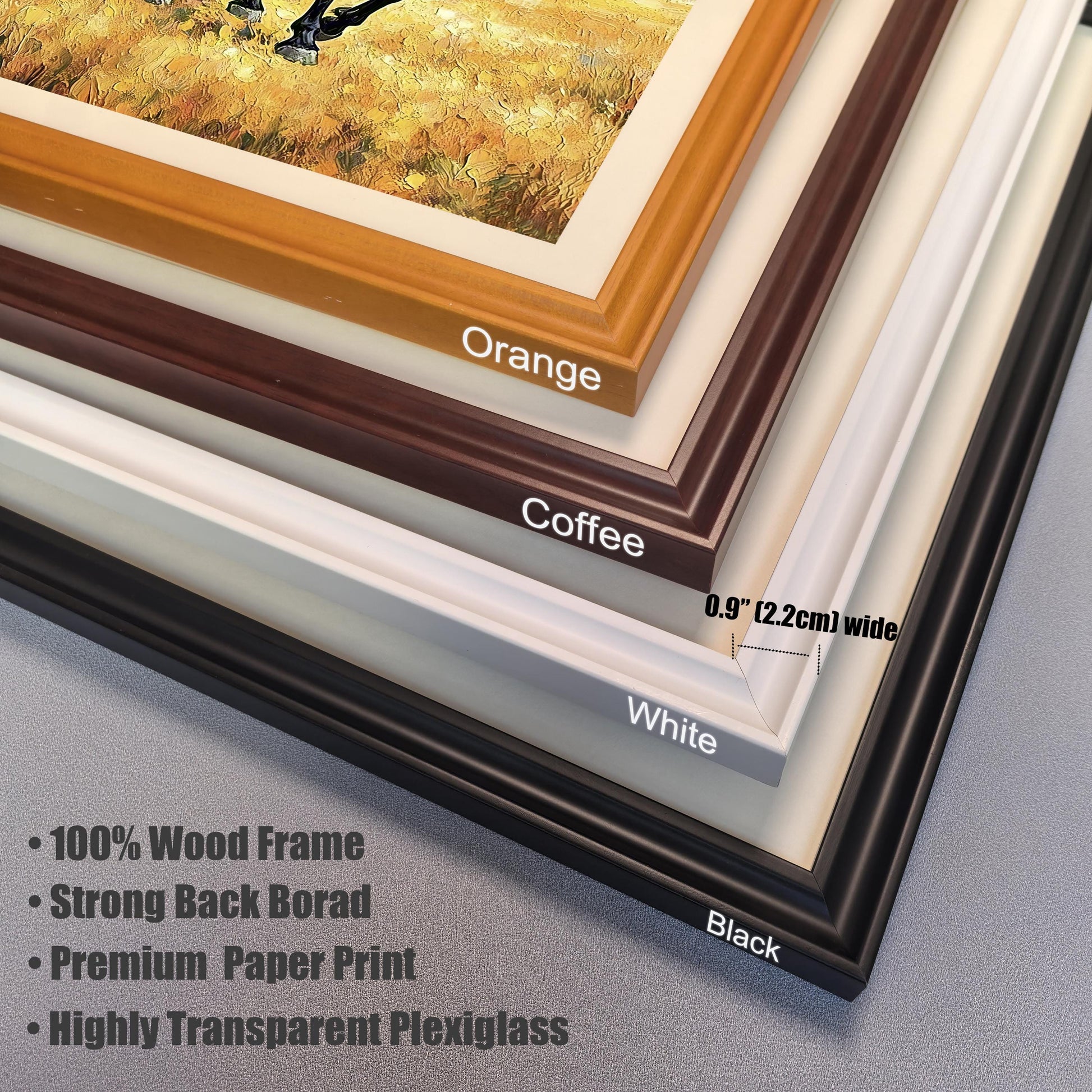 Close-up of four frame corners (Orange, Coffee, White, Black). Text lists features: 100% Wood Frame, Premium Paper Print, and Highly Transparent Plexiglass