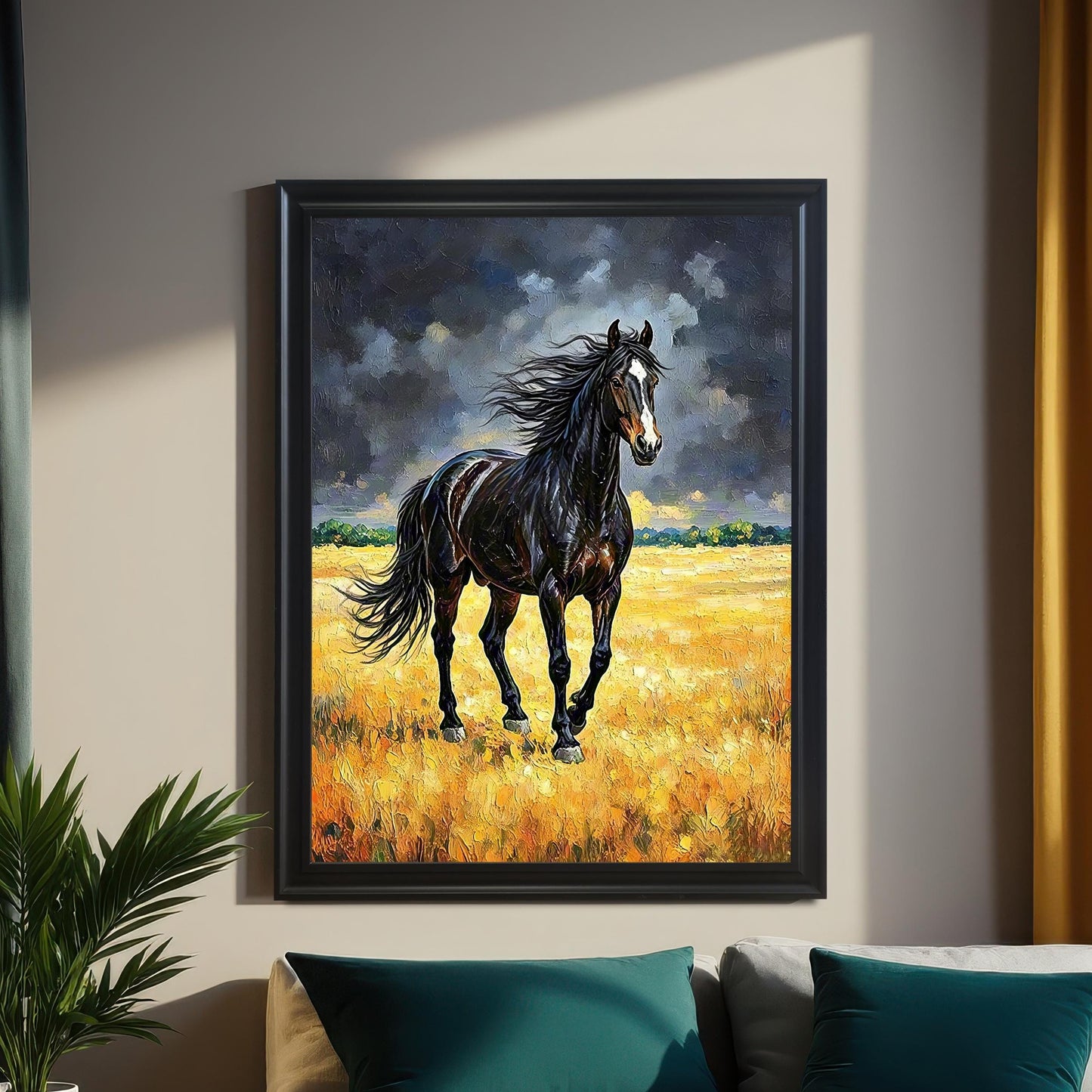 Black-framed oil painting of a black horse in a golden field, hanging above a bed with teal pillows in a dimly lit room.