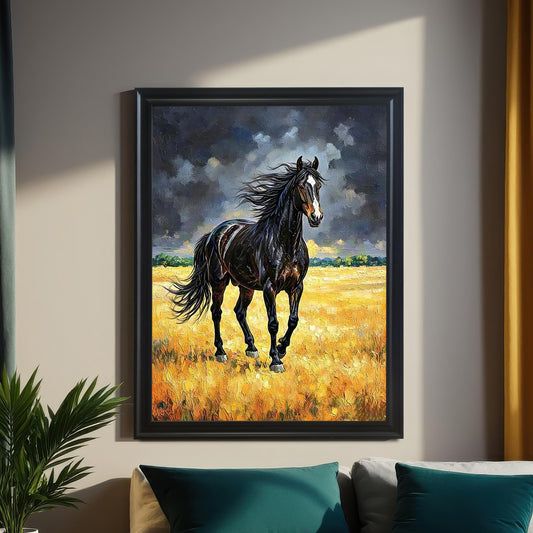 Black-framed oil painting of a black horse in a golden field, hanging above a bed with teal pillows in a dimly lit room.