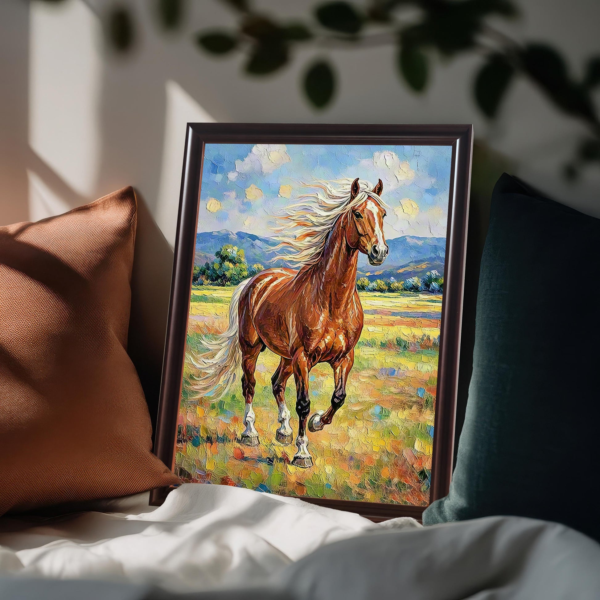 Dark-framed oil painting of a chestnut horse, propped on a bed between brown and dark green decorative pillows.