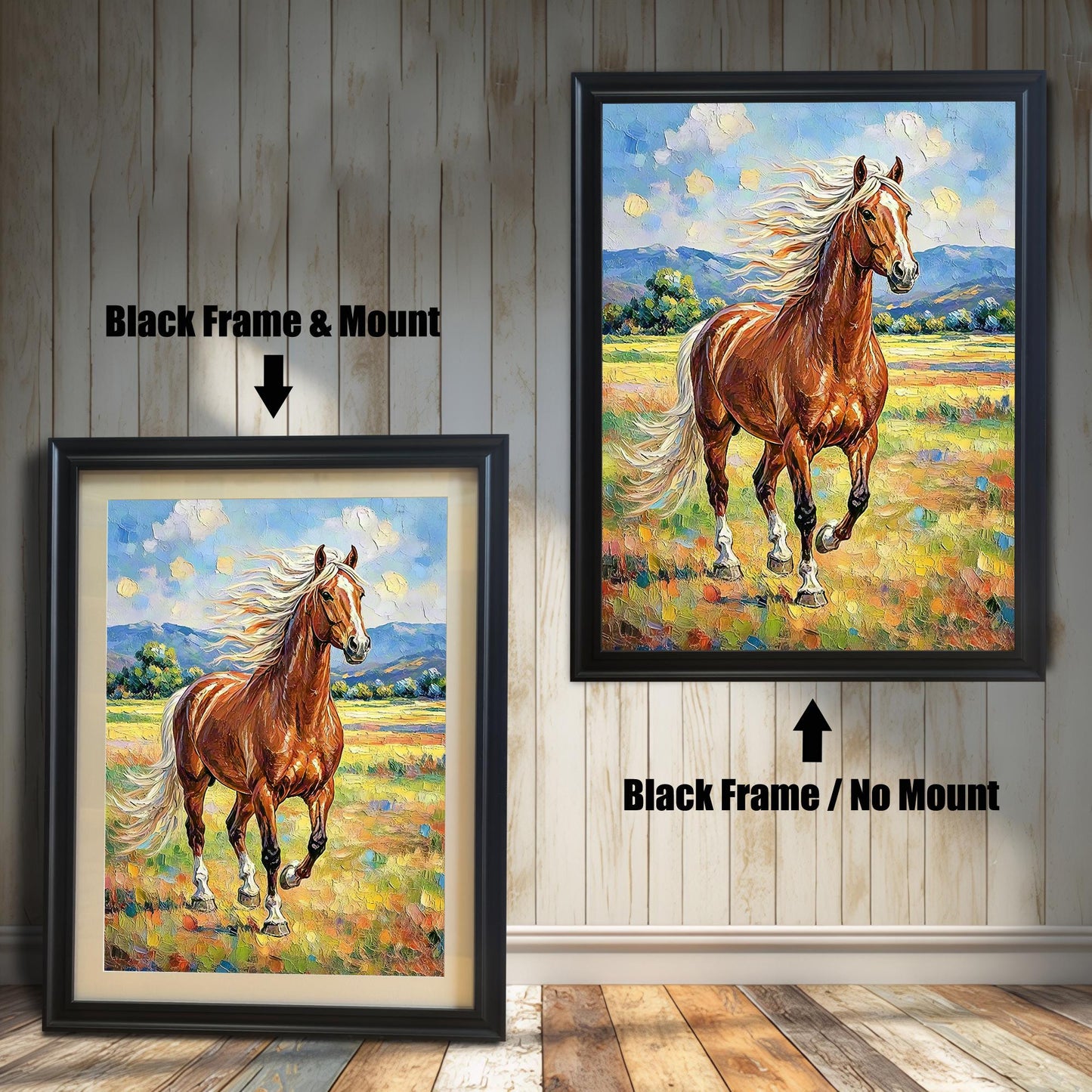 Oil painting of a chestnut horse running in a field, shown in two black frames: "Black Frame & Mount" (with mat) and "Black Frame / No Mount."
