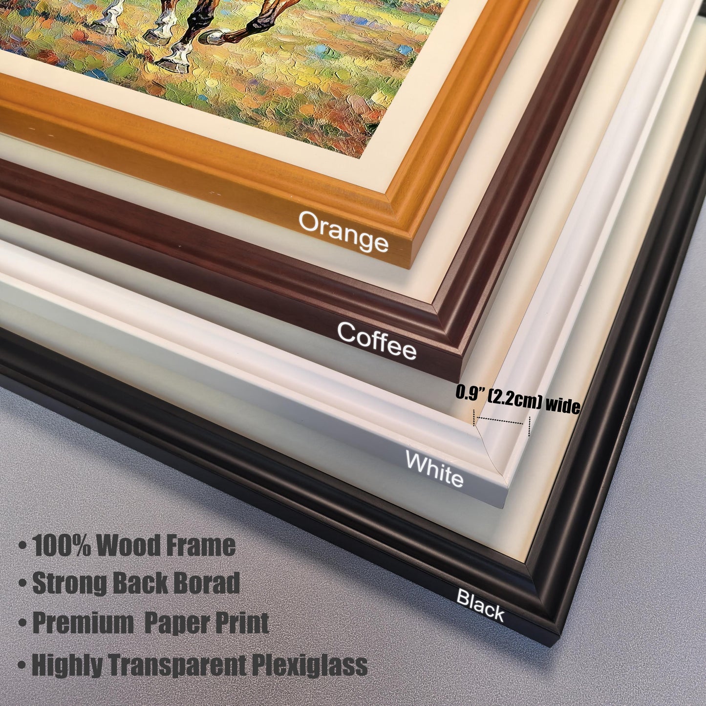 Close-up of four frame corners (Orange, Coffee, White, Black). Text lists features: 100% Wood Frame, Premium Paper Print, and Highly Transparent Plexiglass.