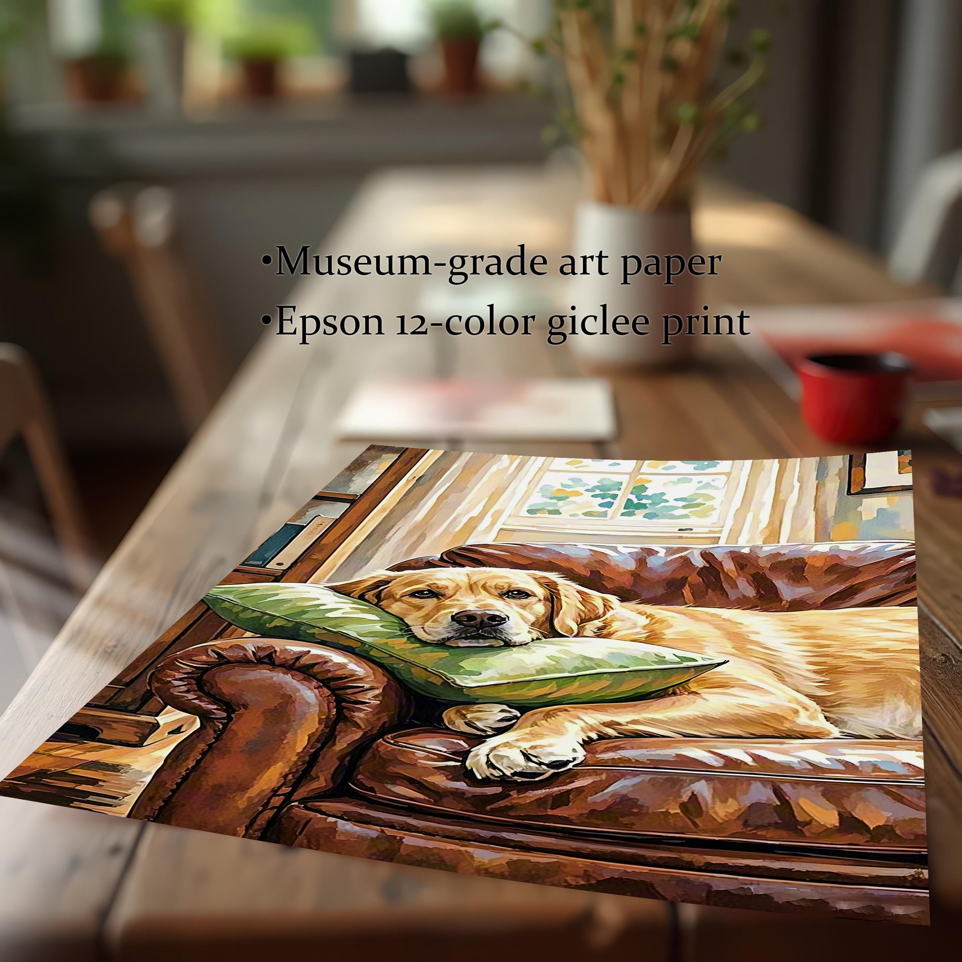 Close-up of a paper print of the Labrador painting on a table, with text: "Museum-grade art paper" and "Epson 12-color giclee print."