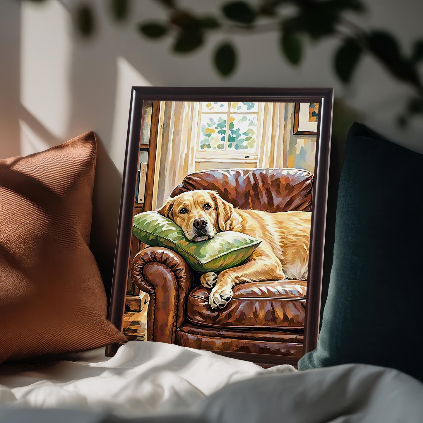 Dark brown-framed painting of a relaxed Labrador on a couch, propped on a seat between brown and dark teal decorative pillows.