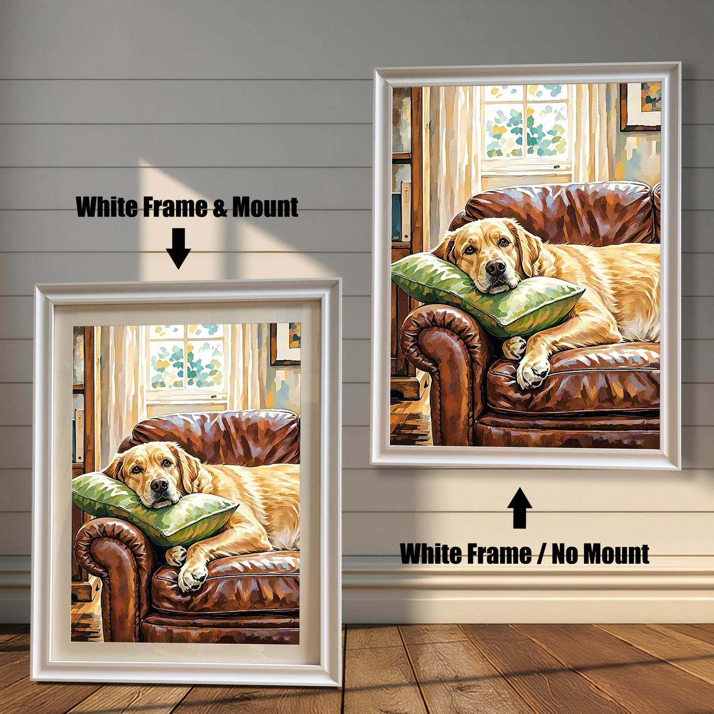 Painting of a Labrador on a leather couch, shown in two white frames: "White Frame & Mount" (with mat) and "White Frame / No Mount" (no mat).