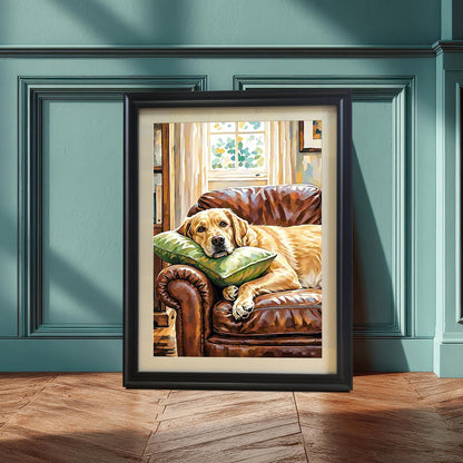 Black-framed painting of a Labrador on a couch, leaning on a wooden floor against a paneled teal wall.