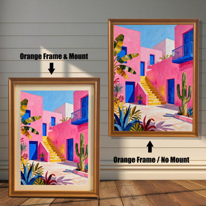 Two options for framing a colorful pink, blue, and yellow print: one on the left with an Orange Frame & Mount (matting), and the larger one on the right with an Orange Frame / No Mount.