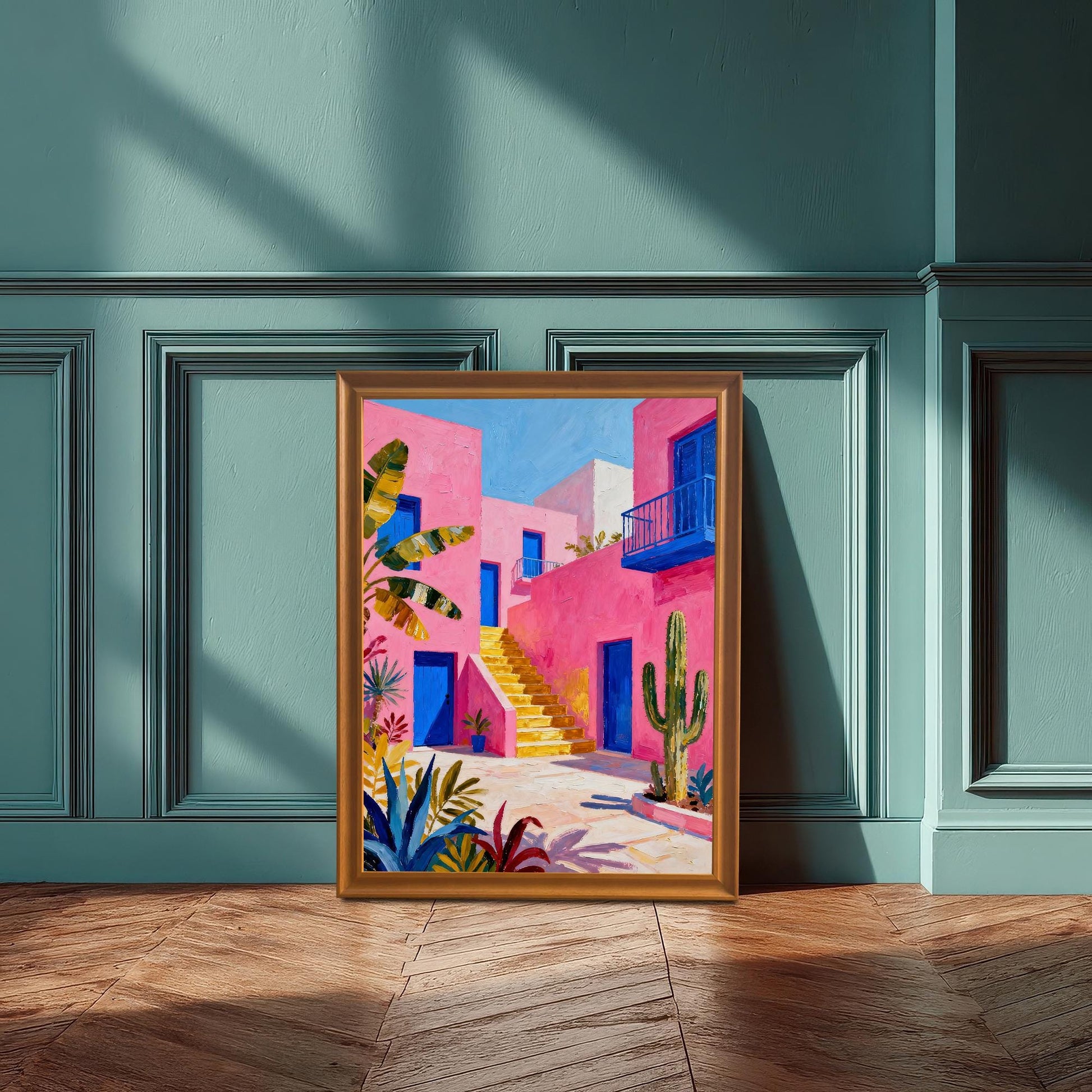 A framed print of a vibrant pink building with blue doors and yellow stairs, standing on a wooden floor against a teal paneled wall, displayed in an Orange Frame / No Mount.