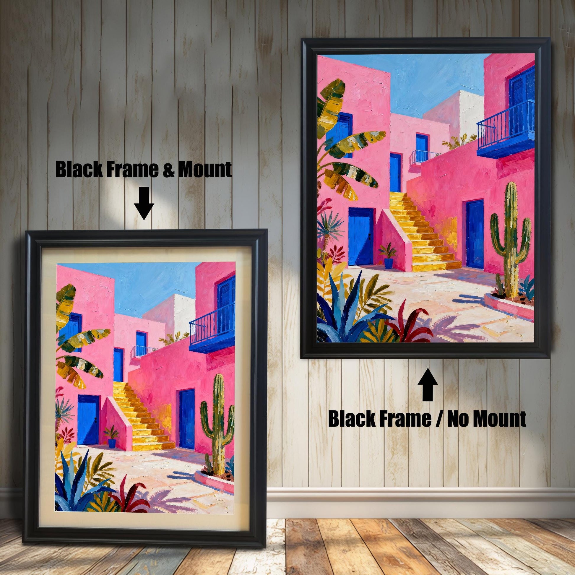Two options for framing a colorful pink, blue, and yellow print: one on the left with a Black Frame & Mount (matting), and the larger one on the right with a Black Frame / No Mount.