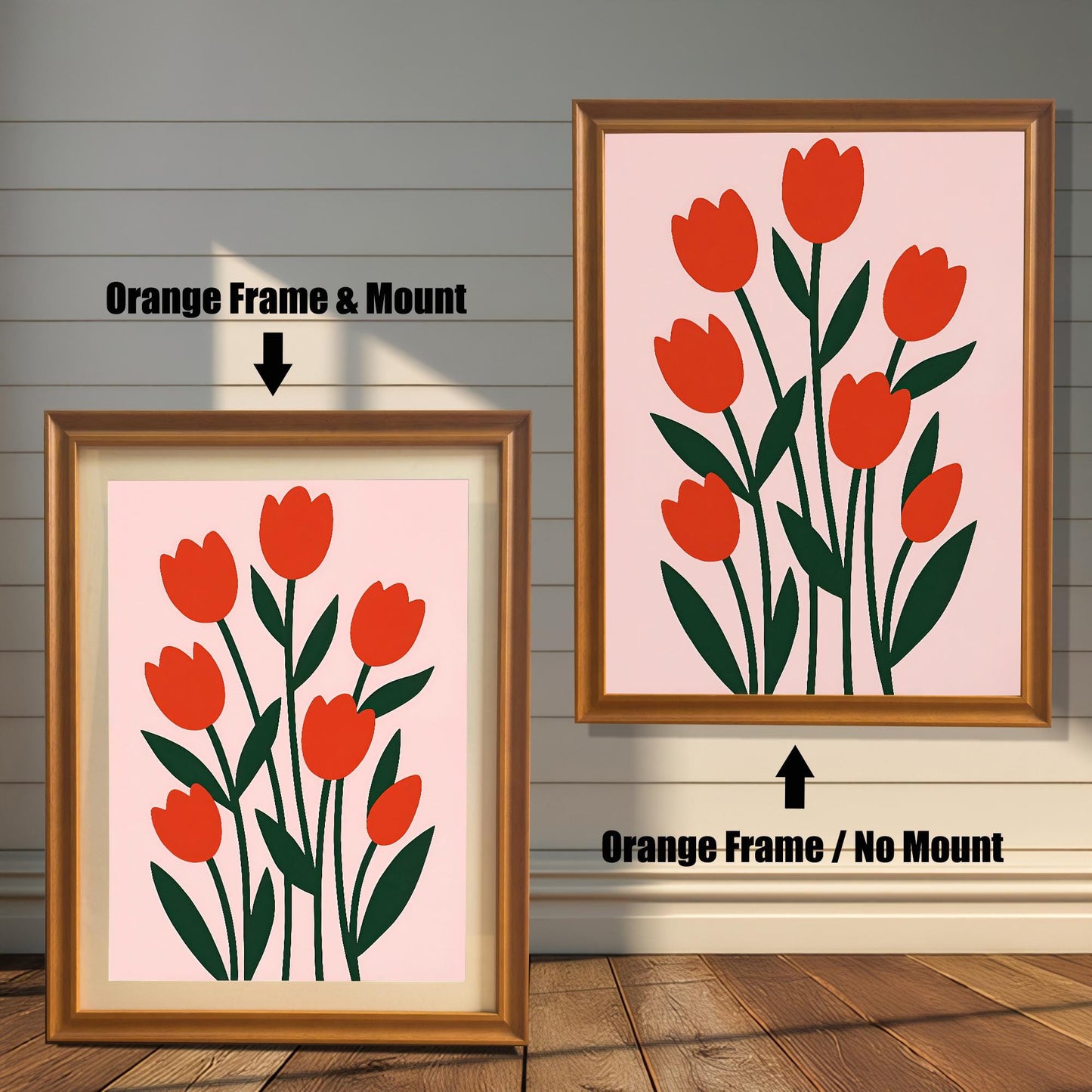 Two framed versions of the red tulip art. The left shows an "Orange Frame & Mount" (with matting); the right shows an "Orange Frame / No Mount" (no matting).