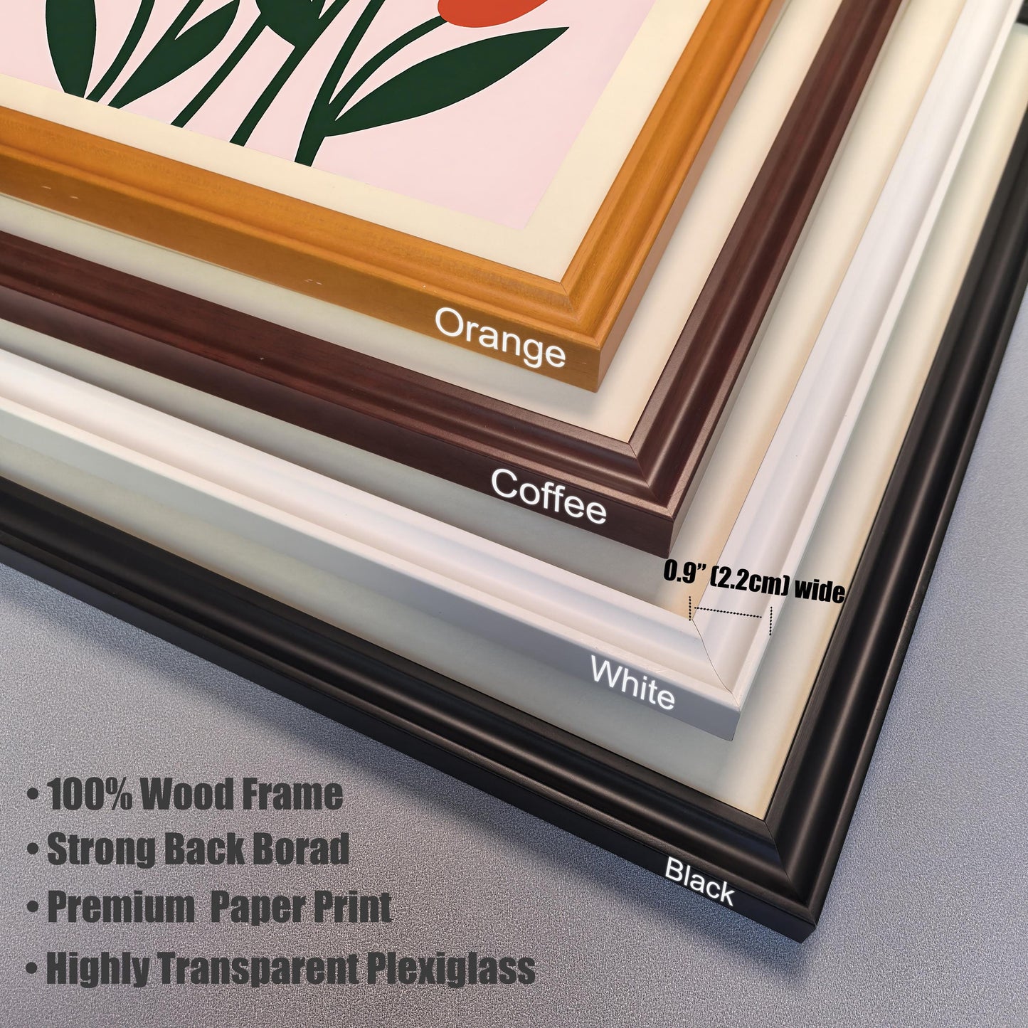 A close-up view showing four stacked frame corners with labels for the colors: Orange, Coffee, White, and Black. Key features like "100% Wood Frame" and dimensions are listed.