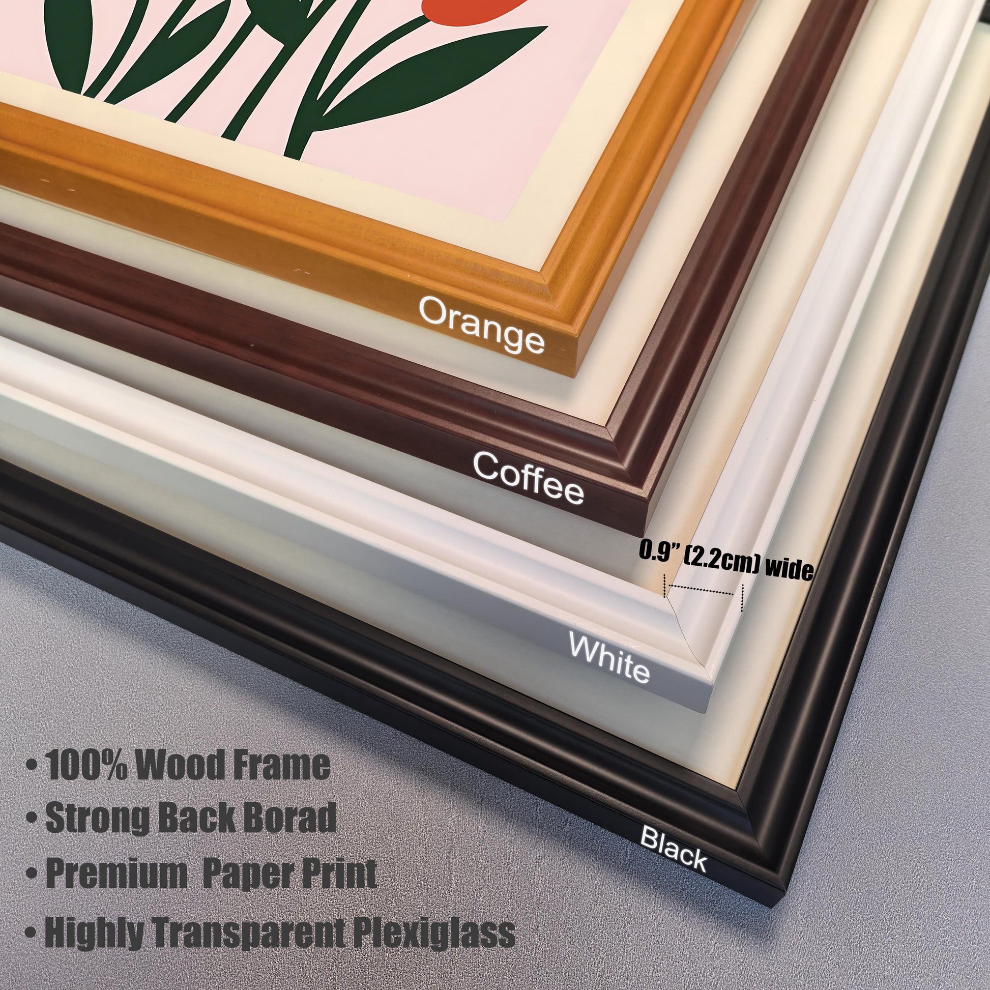 A close-up view showing four stacked frame corners with labels for the colors: Orange, Coffee, White, and Black. Key features like "100% Wood Frame" and dimensions are listed.