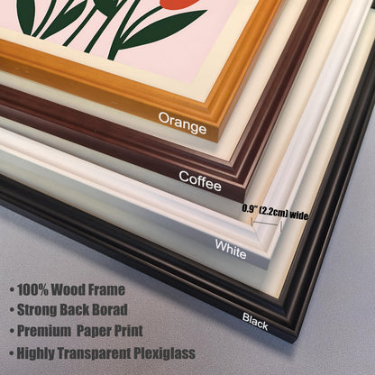 A close-up view showing four stacked frame corners with labels for the colors: Orange, Coffee, White, and Black. Key features like "100% Wood Frame" and dimensions are listed.
