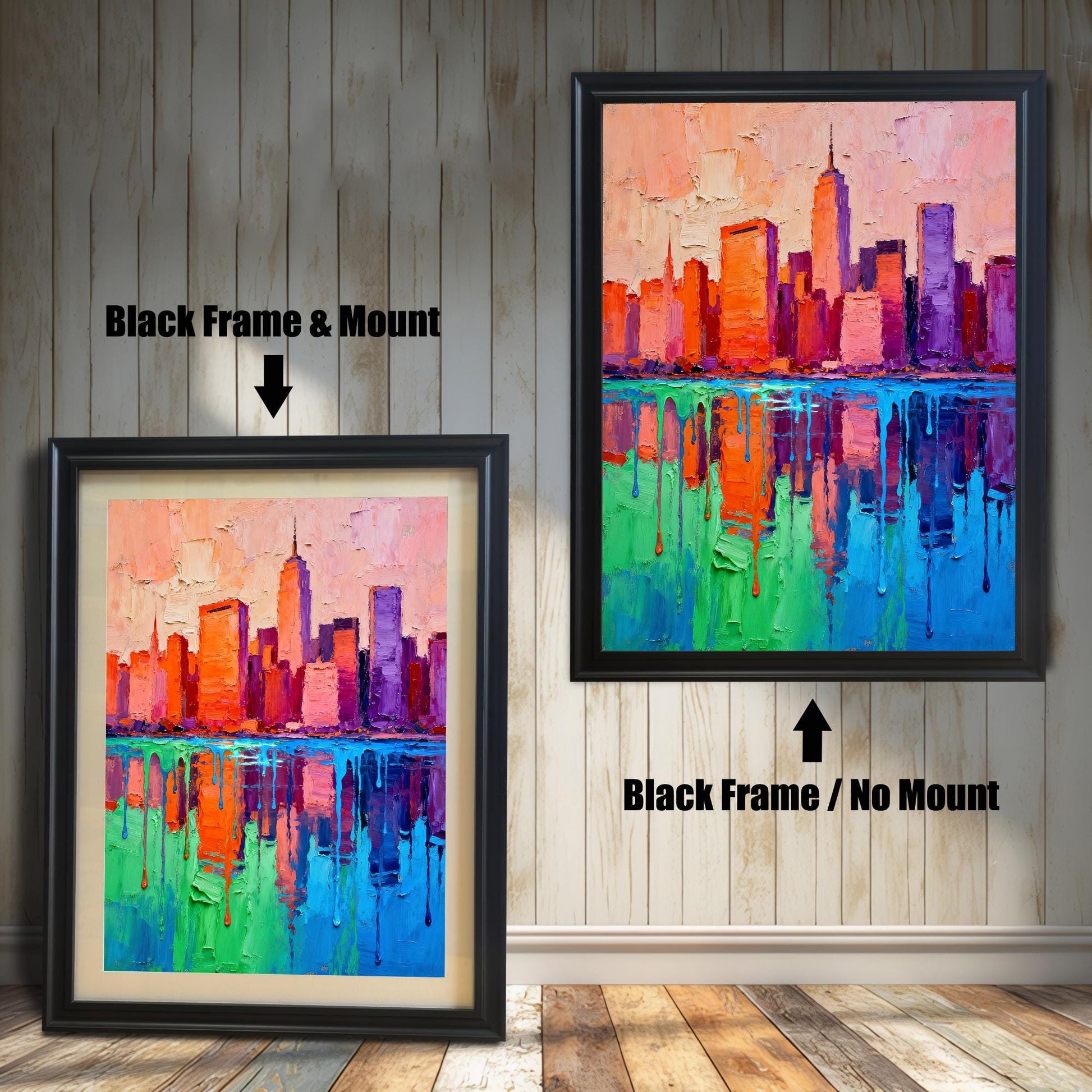 Two framed versions of the vibrant skyline painting. The left shows a "Black Frame & Mount" (with matting); the right shows a "Black Frame / No Mount" (no matting).