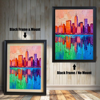Two framed versions of the vibrant skyline painting. The left shows a "Black Frame & Mount" (with matting); the right shows a "Black Frame / No Mount" (no matting).