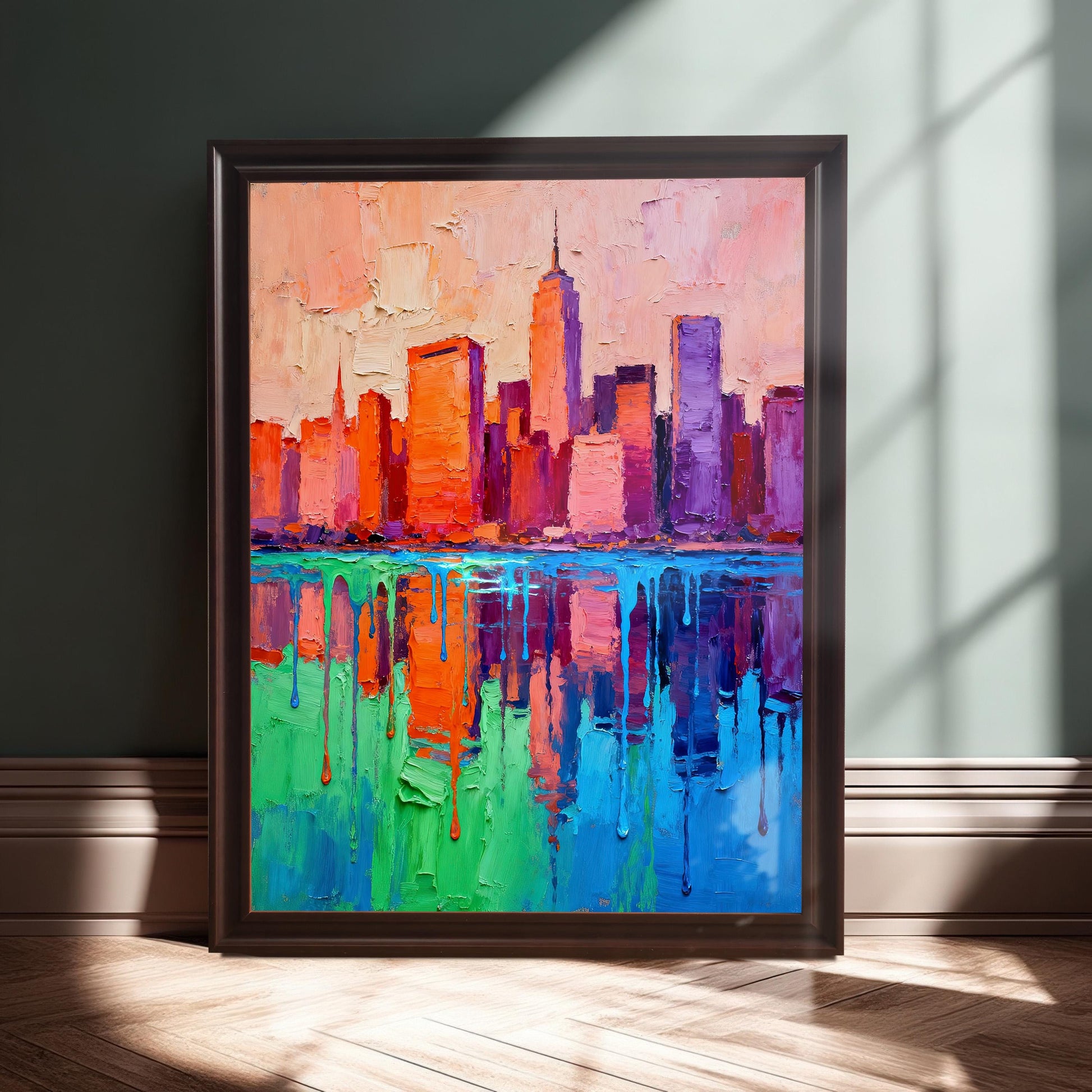 A dark-brown framed, colorful city skyline painting is leaning on a wooden floor against a paneled teal wall, with strong diagonal sunlight and shadow patterns.