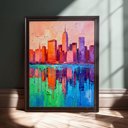 A dark-brown framed, colorful city skyline painting is leaning on a wooden floor against a paneled teal wall, with strong diagonal sunlight and shadow patterns.
