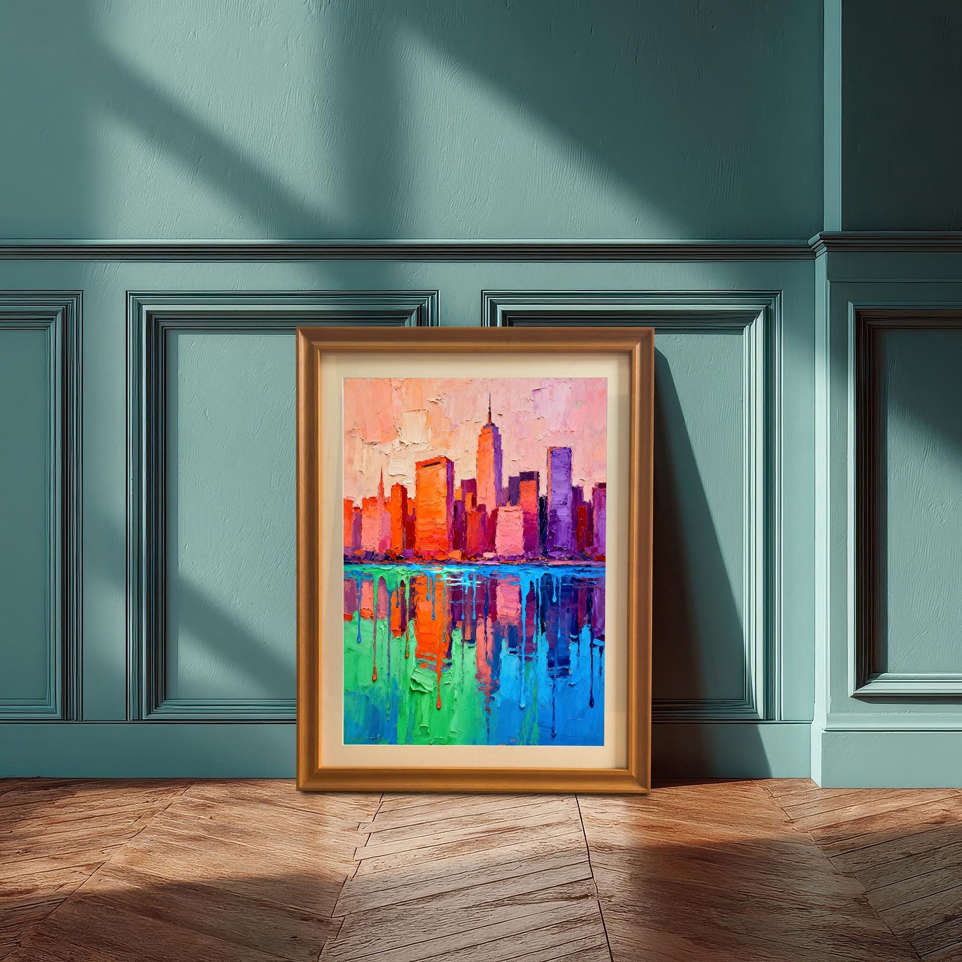A gold-framed, impasto painting of a vibrant cityscape with dripping reflections in green and blue water, leaning on a wooden floor against a paneled teal wall.
