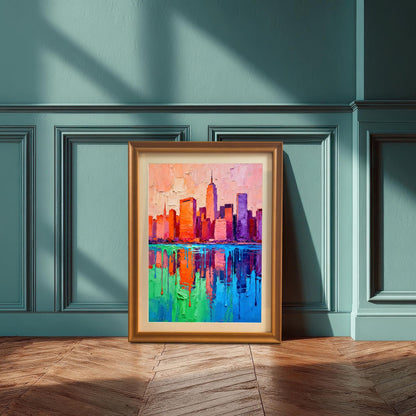 A gold-framed, impasto painting of a vibrant cityscape with dripping reflections in green and blue water, leaning on a wooden floor against a paneled teal wall.