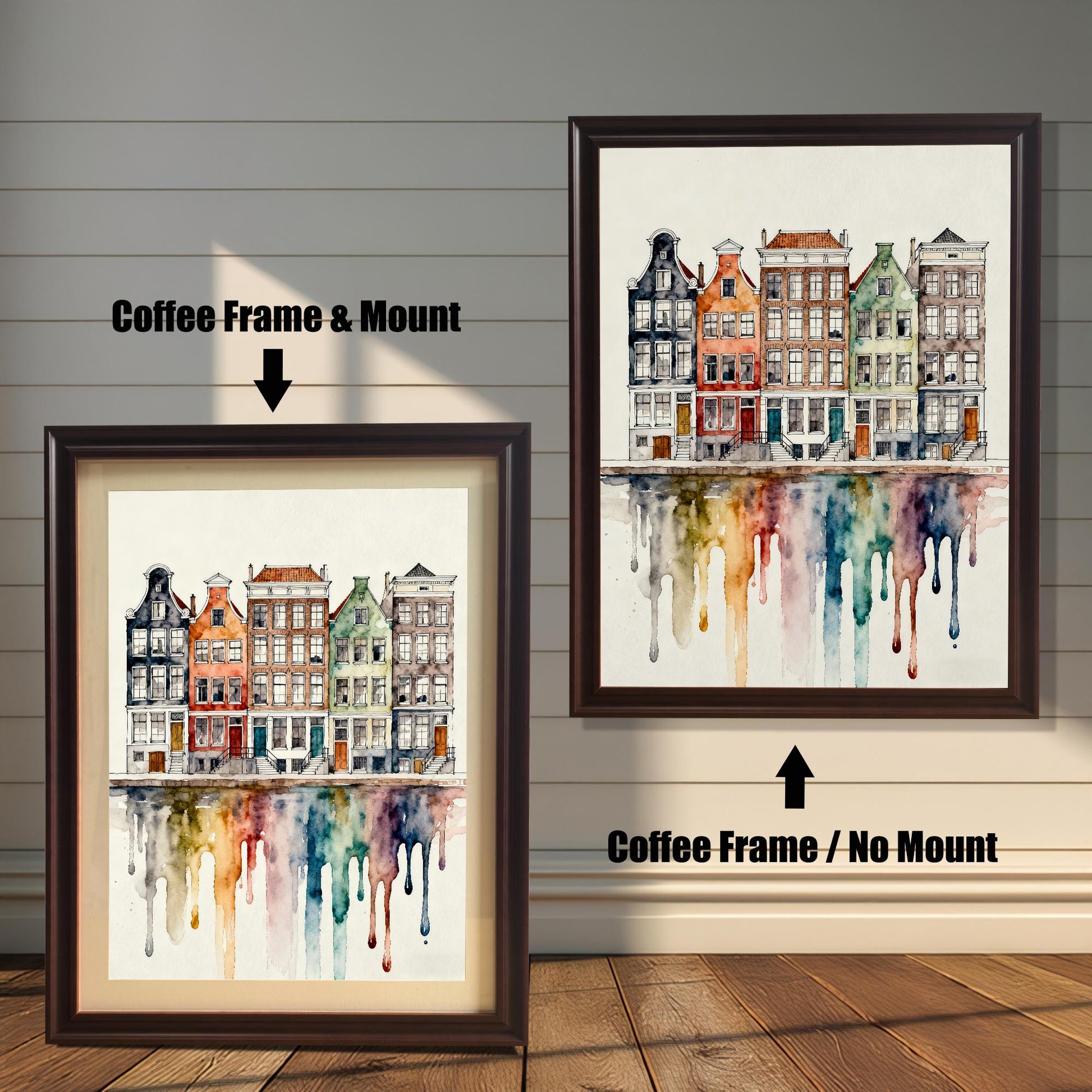 Comparison image showing the watercolor cityscape print in a Coffee Frame & Mount (with a beige border/mat) on the left, and a Coffee Frame / No Mount (without border) on the right.