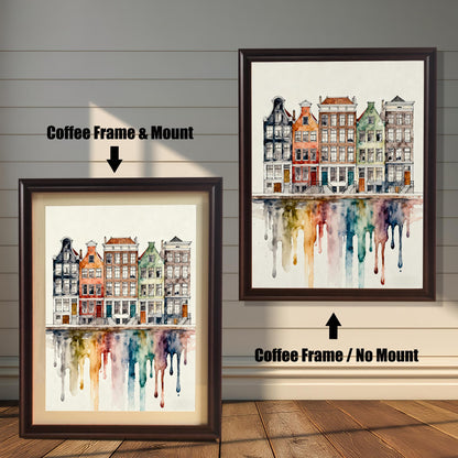 Comparison image showing the watercolor cityscape print in a Coffee Frame & Mount (with a beige border/mat) on the left, and a Coffee Frame / No Mount (without border) on the right.