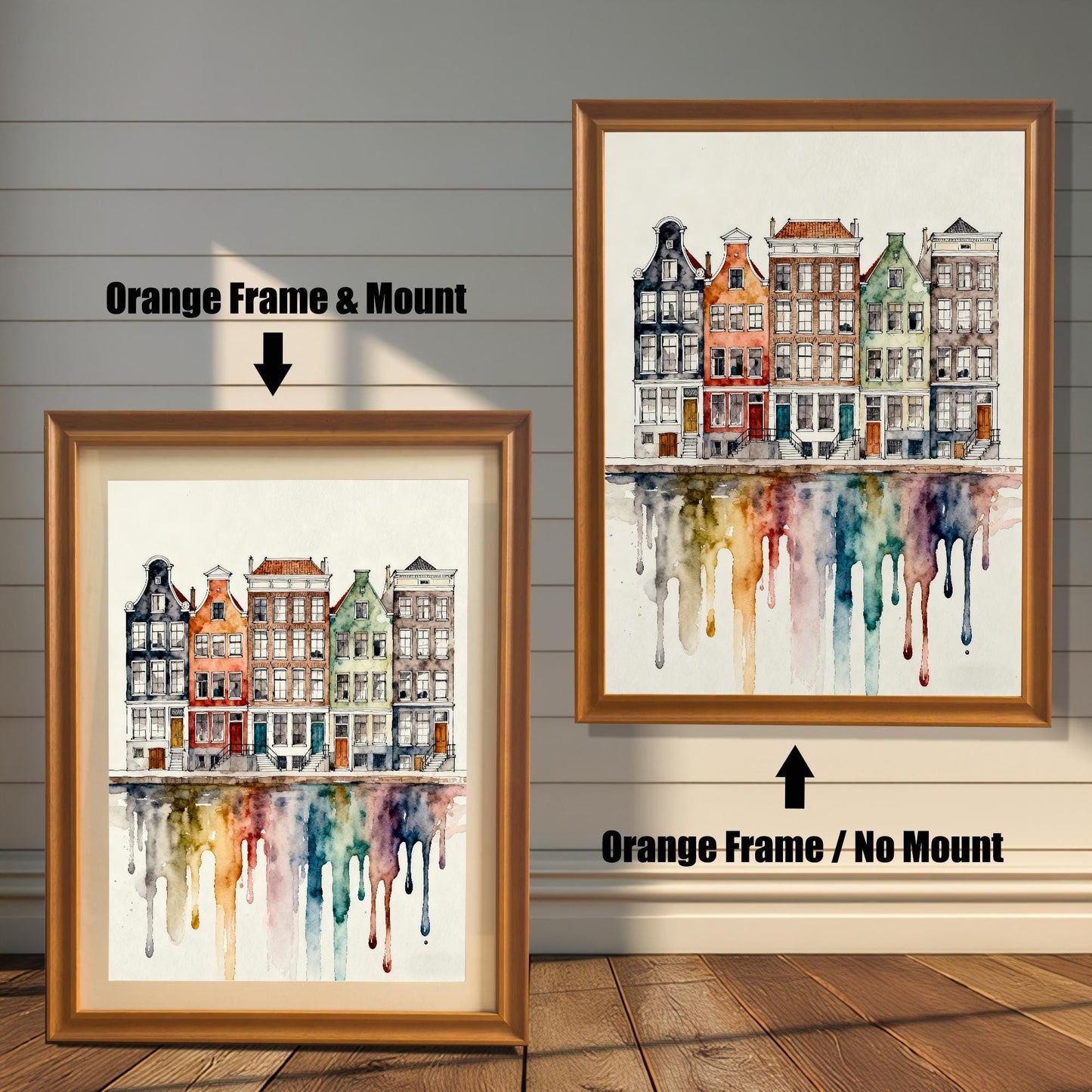 Comparison image showing the watercolor cityscape print in an Orange Frame & Mount (with a beige border/mat) on the left, and an Orange Frame / No Mount (without border) on the right.