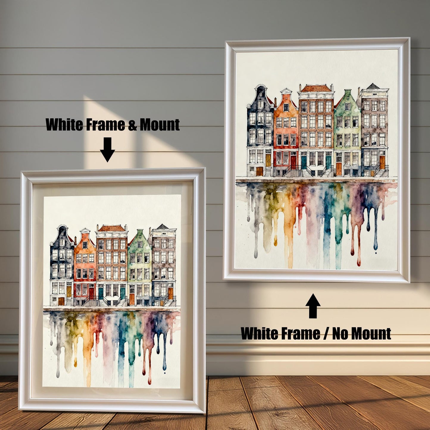 Comparison image showing the watercolor cityscape print in a White Frame & Mount (with white border/mat) on the left, and a White Frame / No Mount (without border) on the right.